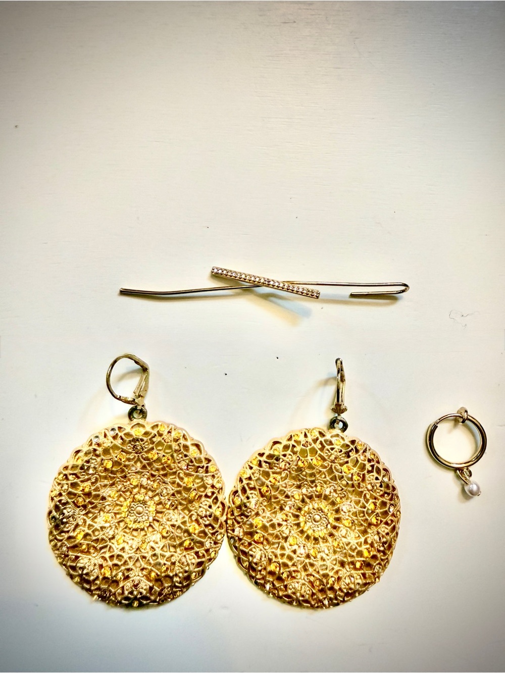 Intricate Gold Filigree Round Drop Earrings  w 2 bonus ear cuffs!